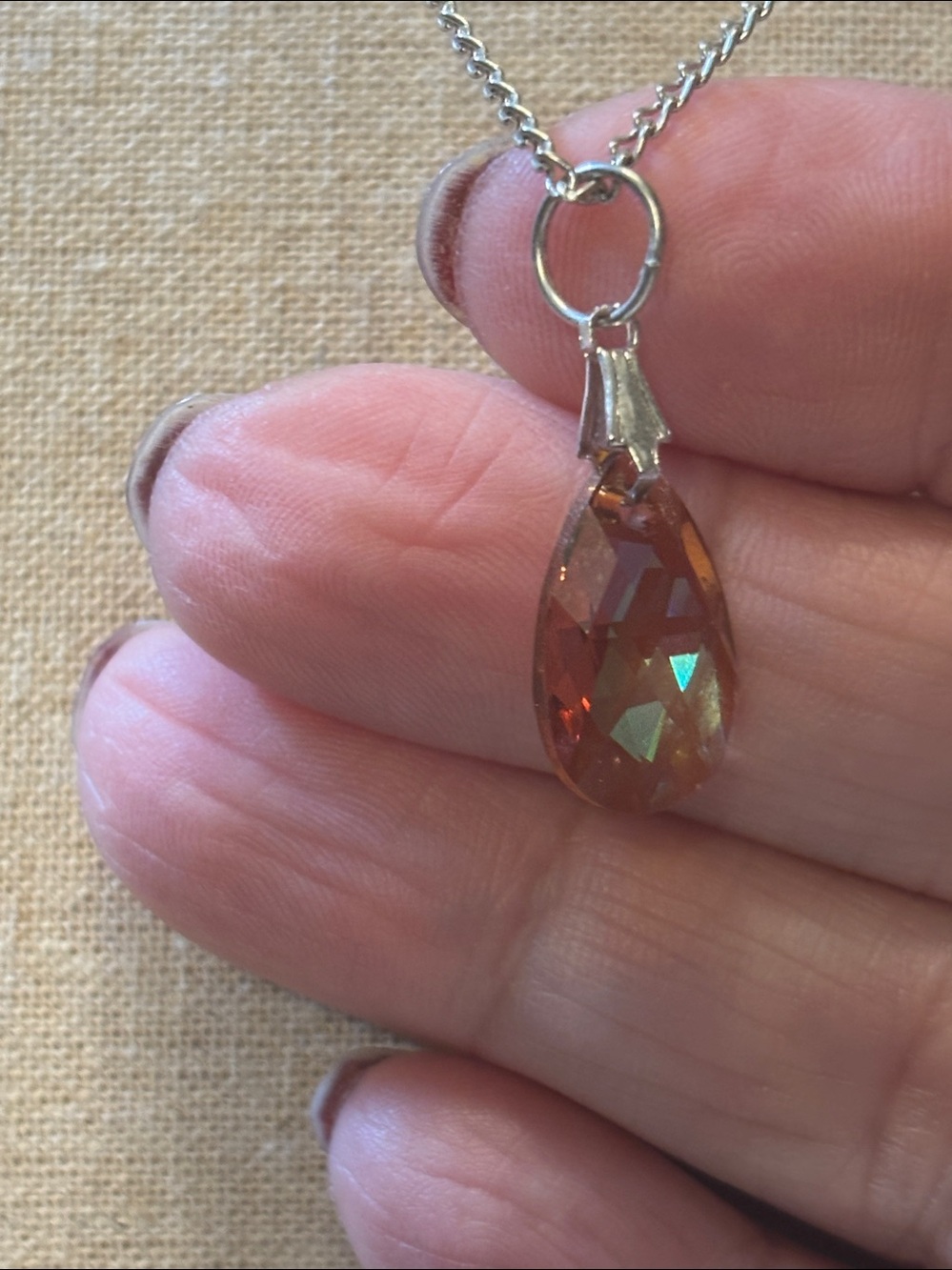 Silver tone Chain Necklace with Amber color crystal Teardrop Pendant - Picture 2 of 4